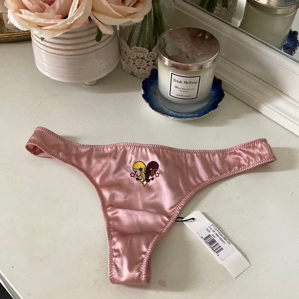 Fleur Du Mal Gemini Zodiac Thong Pink Silk embroidered Pantie New Tags M/L